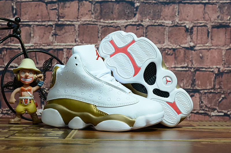 2018 New Kids Air Jordan 13 White Gold Shoes